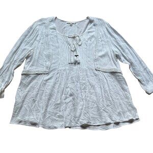 Pale Sky Size XL White Long Sleeve Blouse Boho Style with Tassel Tie Neckline